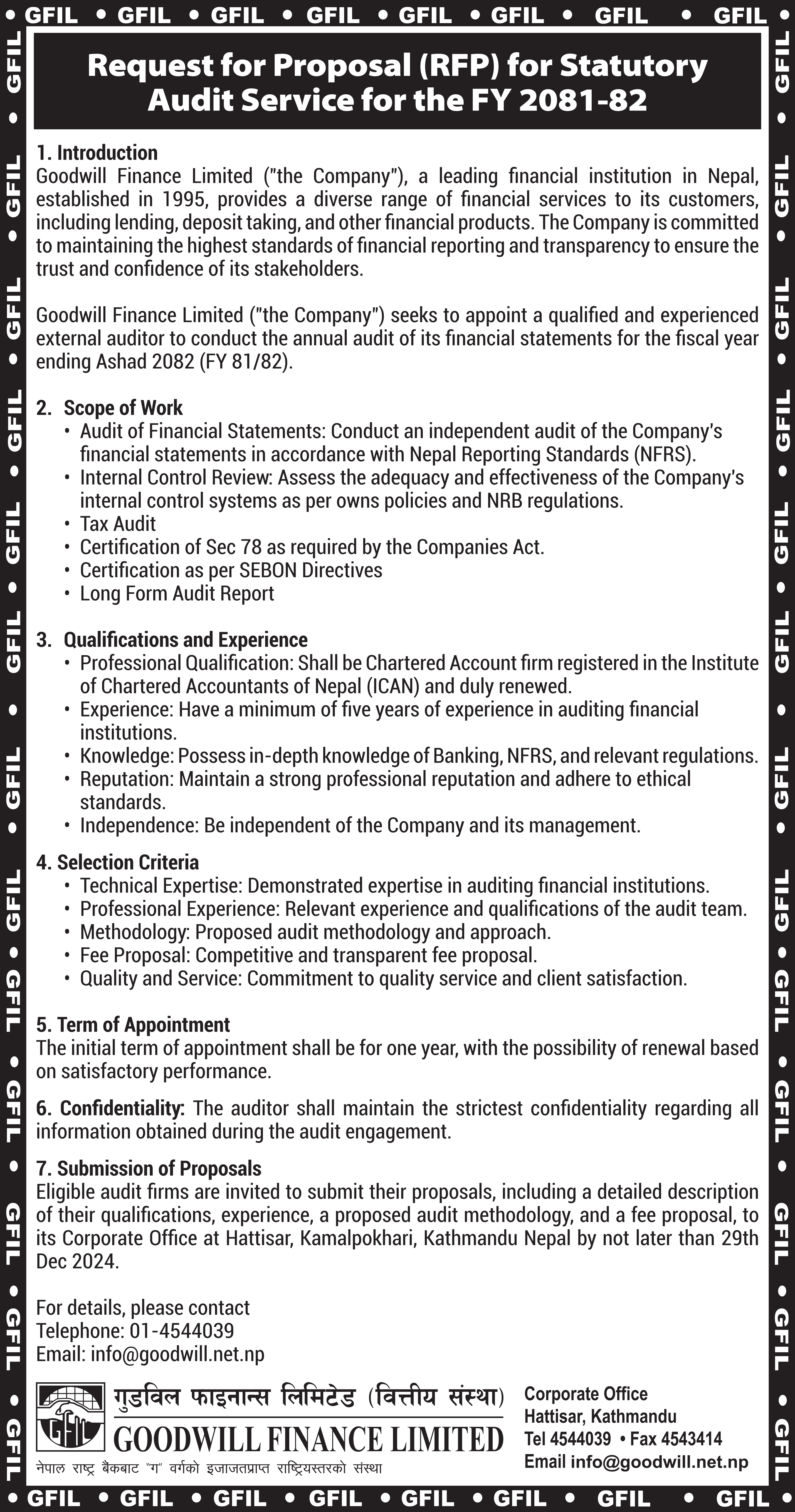 Request for Proposal (RFP) for Statutory Audit Service for the FY 2081-82
